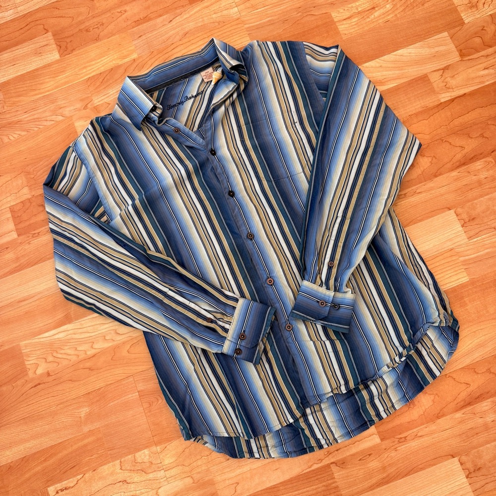 Tommy Bahama Mens Silk Tencel Striped Long Sleeve Button Down Shirt Blue Tan M